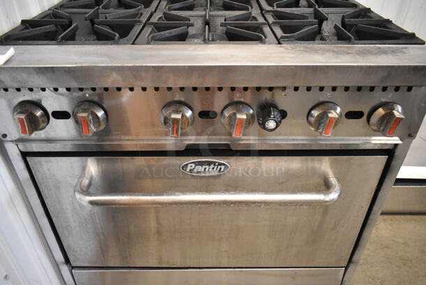 Pantin Stainless Steel Commercial Natural Gas Powered 6 Burner Range w/ Oven and Back Splash.  - Image 3 of 4