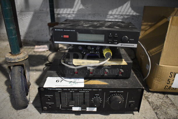 ALL ONE MONEY! Lot of Sennheiser XS Wireless True Diversity Receiver, Artcessories, Radio Shack Unit and Realistic MPA-25 PA Amplifier. Includes 10.5x7.5x4