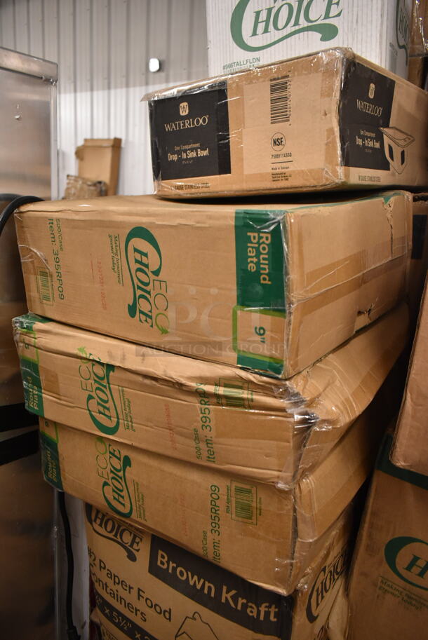 PALLET LOT of 35 BRAND NEW Boxes Including 795PTOKFT2 Choice 7 3/4" x 5 1/2" x 2" Kraft Microwavable Folded Paper #2 Take-Out Container - 200/Case, 5 Box 395RP09 EcoChoice Compostable Sugarcane, 966TALLFLDN Choice Kraft Natural Tall-Fold 6" x 13" Dispenser Napkin - 8000/Case, 612OB15LBD Choice 1.5 lb. Oblong Deep Foil Take-Out Container - 500/Case, 347RPBD10WHS PLATE 10" WH/SLV BAND 120 SILVER VISIONS, 130CLKFSNSPH Visions 10" White Plastic Plate with Silver Bands - 120/Case, 500TW7 Choice 7 oz. Translucent Thin Wall Plastic Cold Cup - 2500/Case, 5002DNAP Choice White 2-Ply Dinner Napkin 17" x 15" - 3000/Case, 2 Box 394365L Noble Products Powder-Free Disposable Clear Vinyl Gloves for Foodservice - Large - 1000/Case. 35 Times Your Bid! - Image 3 of 12
