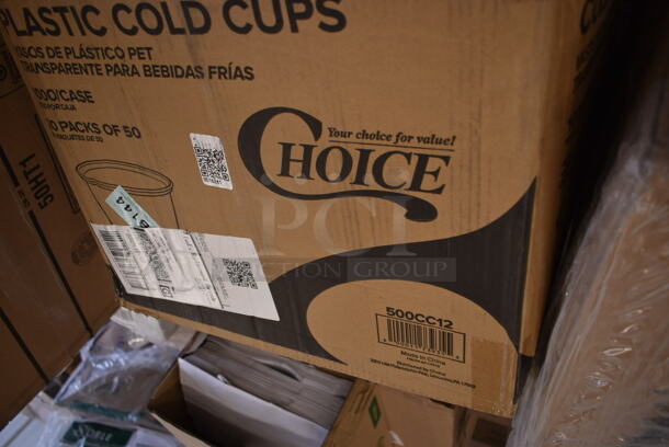 PALLET LOT of 20 BRAND NEW Boxes Including 500TW9 Choice 9 oz. Translucent Thin Wall Plastic Cold Cup - 2500/Case, Tellus Products 9" x 9" No PFAS Added Natural Bagasse Clamshell Container - 200/Case, 394345M Noble Medium Gloves, 394365M Noble Products Powder-Free Disposable Clear Vinyl Gloves for Foodservice - Medium - 1000/Case, 500CC12 Choice Clear PET Customizable Plastic Cold Cup - 12 oz. - 1000/Case, 500CC9 Choice 9 oz. Clear PET Customizable Plastic Squat Cold Cup - 1000/Case, 5008DWALLC Choice 8 oz. Tall Coffee Break Print Smooth Double Wall Paper Hot Cup - 500/Case, 129MCR32B Choice 32 oz. Black Round Microwavable Heavy Weight Container with Lid 7 1/4" - 150/Case, 2 Box 346WSNSM Choice Medium Weight White Wrapped Plastic Spork, Straw, and Napkin Kit - 1000/Case, 74555-0150 Pizza Trays, Choice 32 oz. Clear RPET Hinged Deli Container - 200/Case, 433W8BGC Choice 8 lb. White Paper Bag - 500/Case. 20 Times Your Bid! - Image 7 of 12
