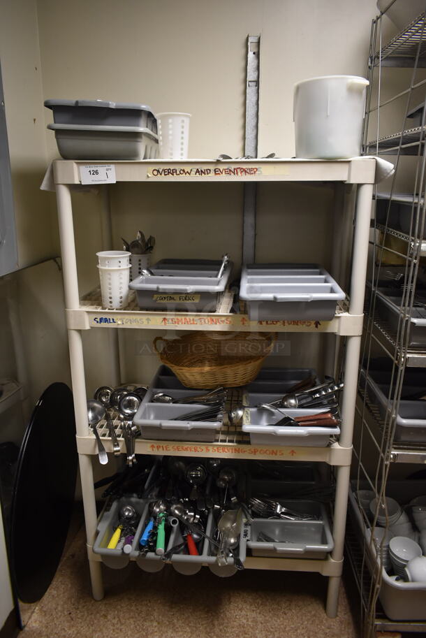 Tan Poly 4 Tier Shelving Unit w/ Contents Including Utensils. BUYER MUST REMOVE: BUYER MUST DISMANTLE. PCI CANNOT DISMANTLE FOR SHIPPING. PLEASE CONSIDER FREIGHT CHARGES. (dish room) - Image 1 of 7