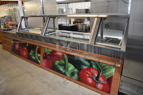 Duke Stainless Steel Commercial Subway Sandwich Make Line Prep Line w/ Front Panels, Lowering Sneeze Guard and In Counter Cup Dispensers. 206x34.5x78
