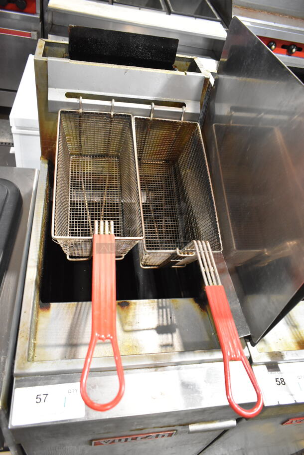 Vulcan LG300 Stainless Steel Commercial Floor Style Natural Gas Powered Deep Fat Fryer w/ 2 Metal Fry Baskets and Right Side Splash Guard on Commercial Casters. 90,000 BTU.  - Image 2 of 5