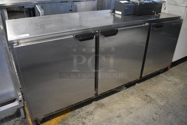 Beverage Air Model UCR72AY-23 Stainless Steel Commercial 3 Door Undercounter Cooler on Commercial Casters. 115 Volts, 1 Phase. 72x30.5x31.5. Tested and Powers On But Temps at 50 Degrees