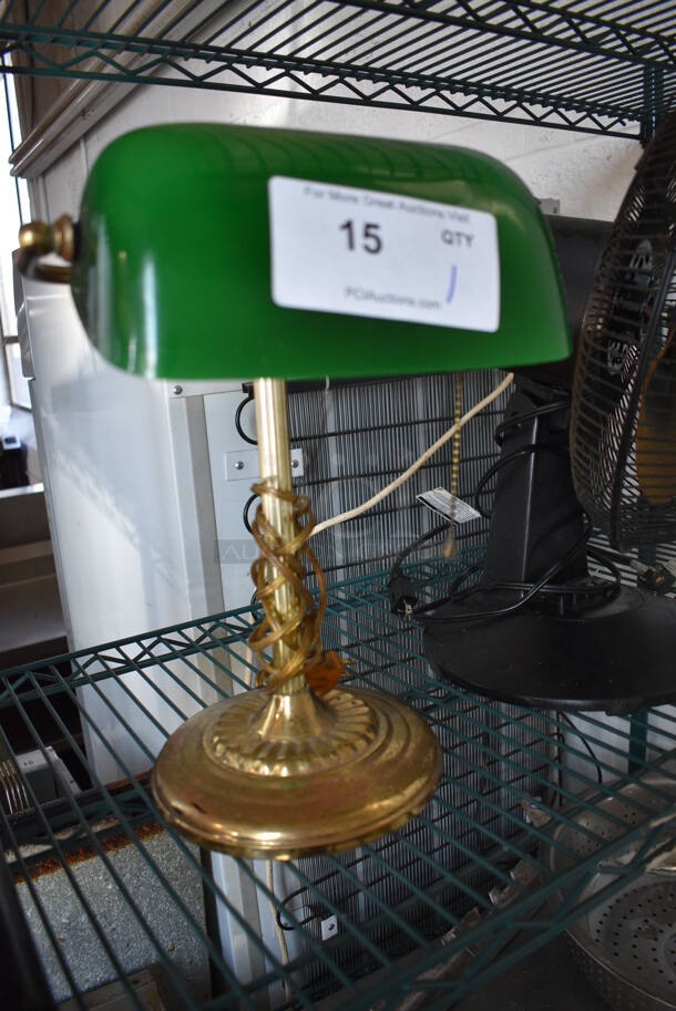 Metal Countertop Lamp w/ Green Shade. 10x7x14
