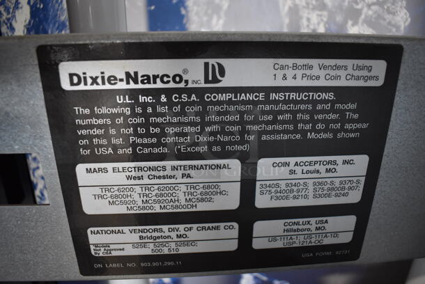 Dixie-Narco Metal Commercial Soda Can Vending Machine w/ Bill and Coin Acceptor. 29x28x72. Tested and Working! - Image 12 of 12