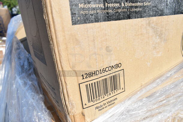 PALLET LOT of 26 BRAND NEW Boxes Including 128HD16COMBO ChoiceHD 16 oz. Microwavable Translucent Plastic Deli Container and Lid Combo Pack - 240/Case, 433LSLCPIE Choice 5" Clear Hinged Slice Container with Low Dome Lid, 966TALLFLDN Choice Kraft Natural Tall-Fold 6" x 13" Dispenser Napkin - 8000/Case, 500CC20 Choice Clear PET Plastic Cold Cup, 129MCS12W Choice 12 oz. White 6" x 4 3/4" x 1 3/4" Rectangular Microwavable Heavy Weight Container with Lid - 150/Case, 130IC10PCL Choice 10 lb. Clear Plastic Ice Bag with Ice Print - 1000/Case, 124HCDS1410 American Metalcraft HCDS1410 14" x 10" Hard Coat Anodized Aluminum Detroit-Style Pizza Pan, 347RPBD6WHGD White Plastic Plate with Gold Bands, 500CC20 Choice Clear PET Customizable Plastic Cold Cup - 20 oz. - 600/Case, 130HBKCUTKW Visions Individually Wrapped Black Heavy Weight Plastic Knife - 1000/Case, 129MCR50B Choice 43 oz. Black Round Microwavable Heavy Weight Container with Lid 9" - 150/Case, 433NHT101H Choice 1/6 Standard Size White "Thank You" Medium-Duty Plastic T-Shirt Bag - 1000/Case, 129MCS12W Choice 12 oz. White 6" x 4 3/4" x 1 3/4" Rectangular Microwavable Heavy Weight Container with Lid - 150/Case, 433LSLCPIE Choice 5" Clear Hinged Slice Container with Low Dome Lid. 26 Times Your Bid!  - Image 3 of 12