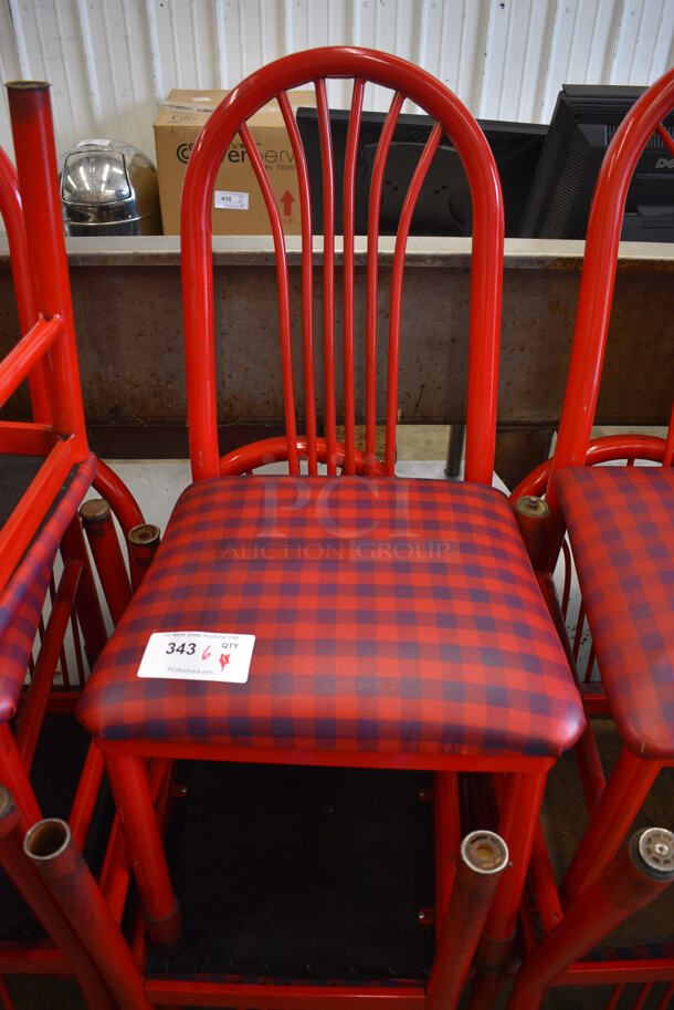4 Red Metal Dining Chairs w/ Red and Blue Plaid Seat Cushion. Stock Picture - Cosmetic Condition May Vary. 18x18x36. 4 Times Your Bid!