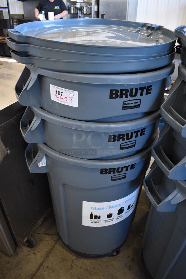 3 Rubbermaid Brute Gray Poly Trash Cans w/ 3 Lids and 3 Trash Can Dollies. 26x22x33. 3 Times Your Bid!