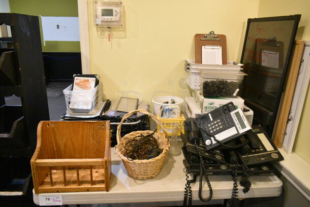 Dining Height Folding Table w/ Contents Including Basket, Corded Office Telephones, Metal Bins. (main dining room) - Image 1 of 5