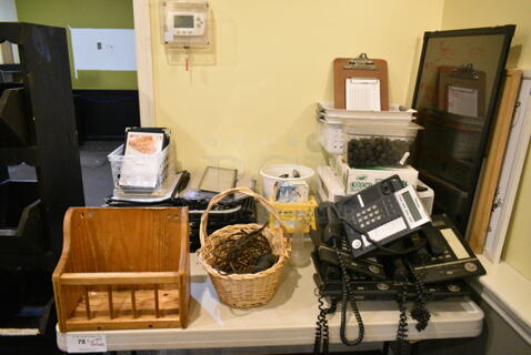 Dining Height Folding Table w/ Contents Including Basket, Corded Office Telephones, Metal Bins. (main dining room)