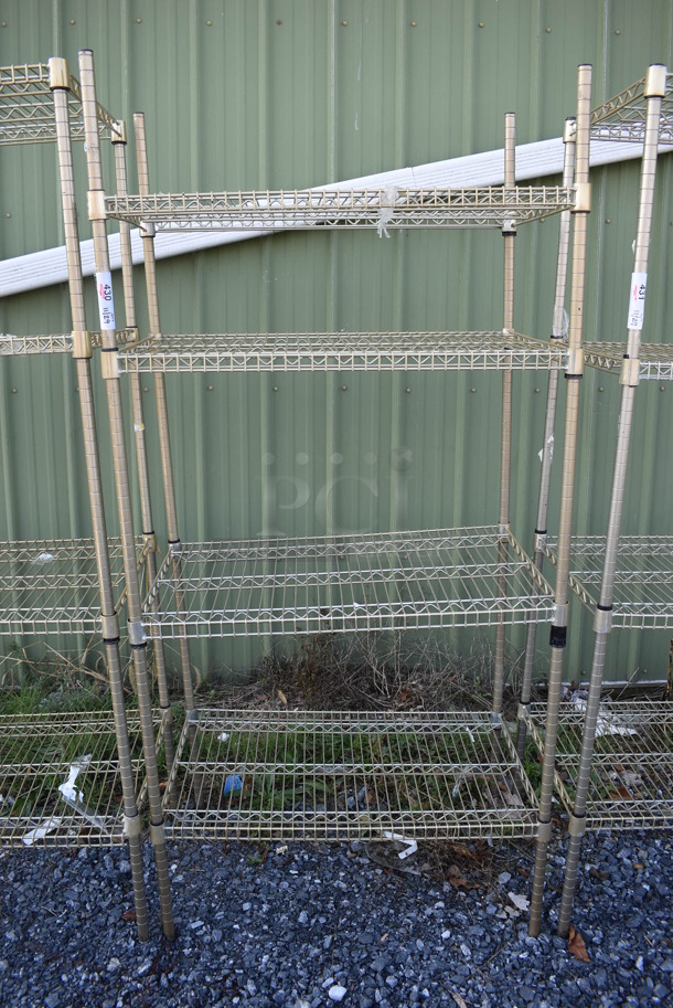 Gold Finish 4 Tier Wire Shelving Unit. BUYER MUST DISMANTLE. PCI CANNOT DISMANTLE FOR SHIPPING. PLEASE CONSIDER FREIGHT CHARGES. 36x21x75 - Image 1 of 3