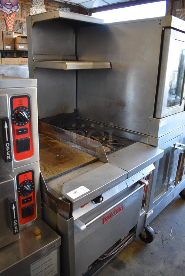 Vulcan GH60T45 Stainless Steel Commercial Natural Gas Powered 2 Burner Range w/ Flat Top Griddle, Oven and 2 Over Shelves on Commercial Casters. 34x40x72 - Image 5 of 9