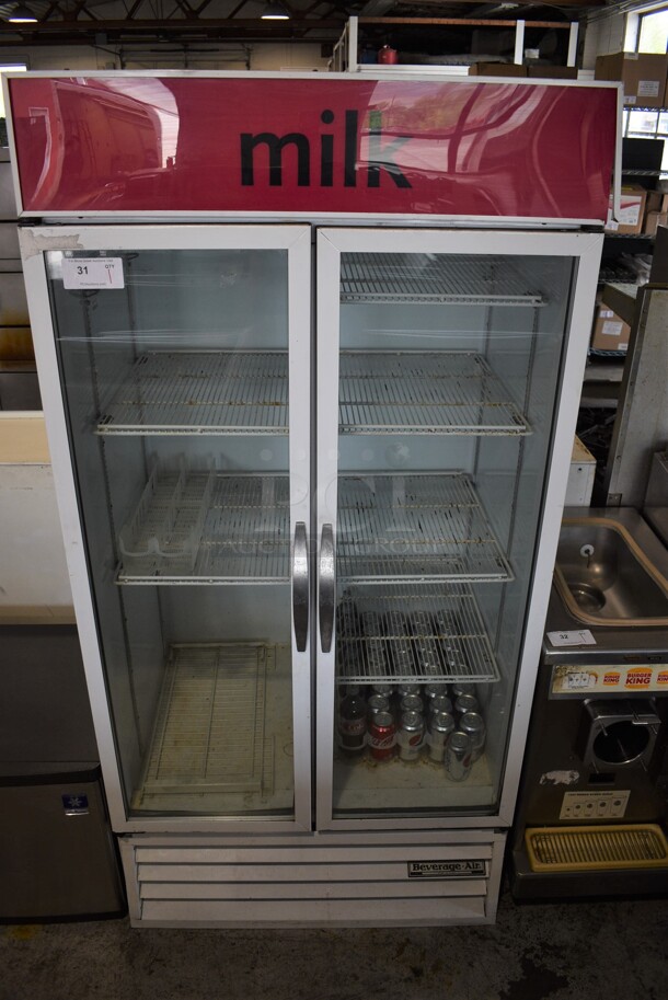 Beverage Air Model MT35 Metal Commercial Two Door Reach In Cooler Merchandiser w/ Poly Coated Racks. 115 Volts, 1 Phase. 39x32x78. Tested and Working!