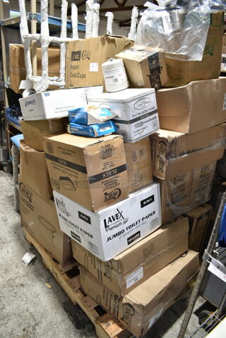 PALLET LOT of 24 BRAND NEW Boxes Including 395RP07 EcoChoice Compostable Sugarcane / Bagasse 7" Plate - 1000/Case, 130LID18 Visions 18" Clear PET Plastic Round Catering Tray High Dome Lid - 25/Case, 2 Box Choice Printed Hot Cup Sleeves, 127RD16BULK Choice 16 oz. Customizable Microwavable Translucent Round Deli Container - 500/Case, 129MCS28B Choice 28 oz. Black Rectangular Microwavable Heavy Weight Container with Lid 8 3/4" x 6 1/4" x 1 3/4" - 150/Case, Choice Blue Trays, 5002TPJPR1K Lavex Universal 2-Ply Jumbo 1000' Toilet Paper Roll with 8 1/2" Diameter - 12/Case, 100BTWINE Choice #24 Gauge Butcher Sausage Twine 2 lb. Spool, 130SVFRK600C Visions 7 1/4" Silver Classic Heavy Weight Silver Plastic Fork - 600/Case, 2 Box Small Vinyl Exam Gloves, 760PCC03W Choice White Poly Paper Cold Cup. 24 Times Your Bid!
