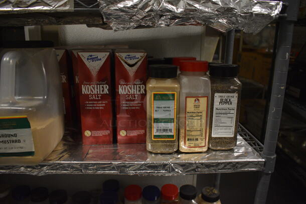 Gray Finish 4 Tier Wire Shelving Unit w/ Contents Including Seasonings. BUYER MUST REMOVE. BUYER MUST DISMANTLE. PCI CANNOT DISMANTLE FOR SHIPPING. PLEASE CONSIDER FREIGHT CHARGES. 36x14x54.5. (kitchen) - Image 6 of 9