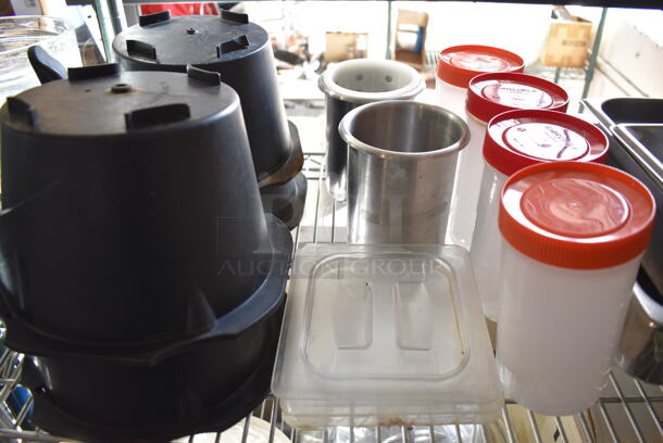 ALL ONE MONEY! Lot of Chrome Finish 5 Tier Shelving Unit w/ Contents Including Poly Cake Stand Covers, Mesh Bins, Metal Buckets, Stainless Steel Drop In Bins, Wooden Boxes and Silverware. BUYER MUST DISMANTLE. PCI CANNOT DISMANTLE FOR SHIPPING. PLEASE CONSIDER FREIGHT CHARGES. 49x18x77 - Image 11 of 12