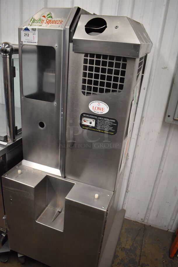 Fresh N Squeeze Stainless Steel Commercial Floor Style Automatic Citrus Juicer on Commercial Casters. 32x33x67. Tested and Does Not Power On - Image 3 of 6