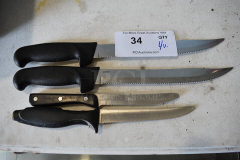 4 Various Stainless Steel Serrated Knives. Includes 14.5". 4 Times Your Bid!