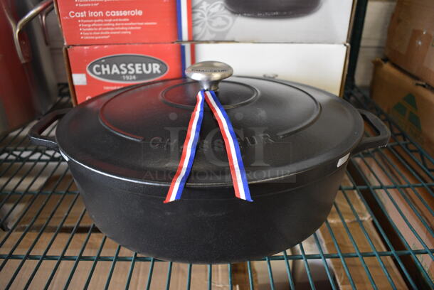 3 BRAND NEW IN BOX! Chasseur Black Cast Iron Casserole Dishes w/ Lids. 16x10x8. 3 Times Your Bid!