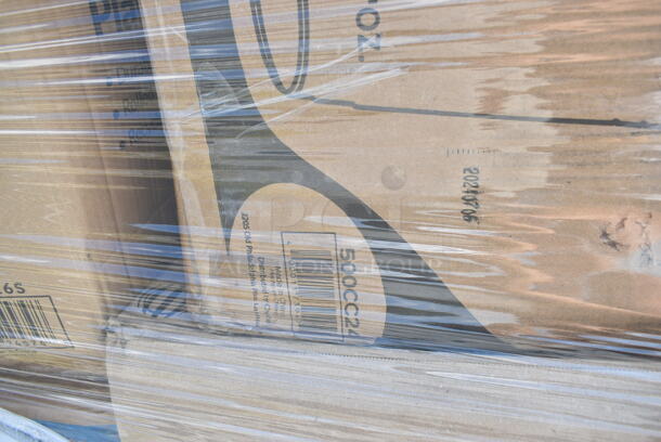 PALLET LOT of 35 BRAND NEW Boxes Including 130BKKNIFEH Choice Black Heavy Weight Plastic Knife - 1000/Case, 130BKSSPOONH Choice Black Heavy Weight Plastic Soup Spoon - 1000/Case, 500CC20 Choice Clear PET Customizable Plastic Cold Cup - 20 oz. - 600/Case, 128HD12COMBO ChoiceHD 12 oz. Microwavable Translucent Plastic Deli Container and Lid Combo Pack - 240/Case, 2 Box Choice 1.5 oz Portion Cups, 500CC24 Choice Clear PET Customizable Plastic Cold Cup - 24 oz. - 600/Case, 2 box 129MCS28B Choice 28 oz. Black Rectangular Microwavable Heavy Weight Container with Lid 8 3/4" x 6 1/4" x 1 3/4" - 150/Case, 5002TP3X496P Lavex Premium 3 1/2" x 4 1/2" Individually Wrapped 2-Ply Standard 500 Sheet Toilet Paper Roll - 96/Case, 612527L Choice 7" Round Foil-Laminated Board Lid - 500/Case, 500TW16S Choice 16 oz. Translucent Thin Wall Squat Plastic Cold Cup - 1000/Case, 130TRAY16 Visions Black PET Plastic 16" Thermoform Catering / Deli Tray - 25/Case, 500CC9 Choice 9 oz. Clear PET Customizable Plastic Squat Cold Cup - 1000/Case, 2 Box 5001RT800N Lavex 8" Natural Kraft Hardwound Paper Towel, 800 Feet / Roll - 6/Case, 164VYCHAIRBK Lancaster Table & Seating Vineyard Series Smokey Black Outdoor Cross Back Chair. 35 Times Your Bid!  - Image 6 of 12