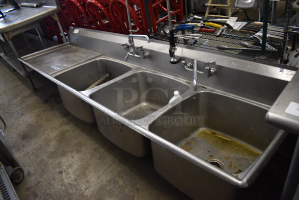 Stainless Steel Commercial 3 Bay Sink w/ Left Side Drainboard, 2 Faucets, 2 Handle Sets and Spray Nozzle Attachment. 110x30x25. Bays 24x24x12. Drainboards 30x25x1 - Image 5 of 6