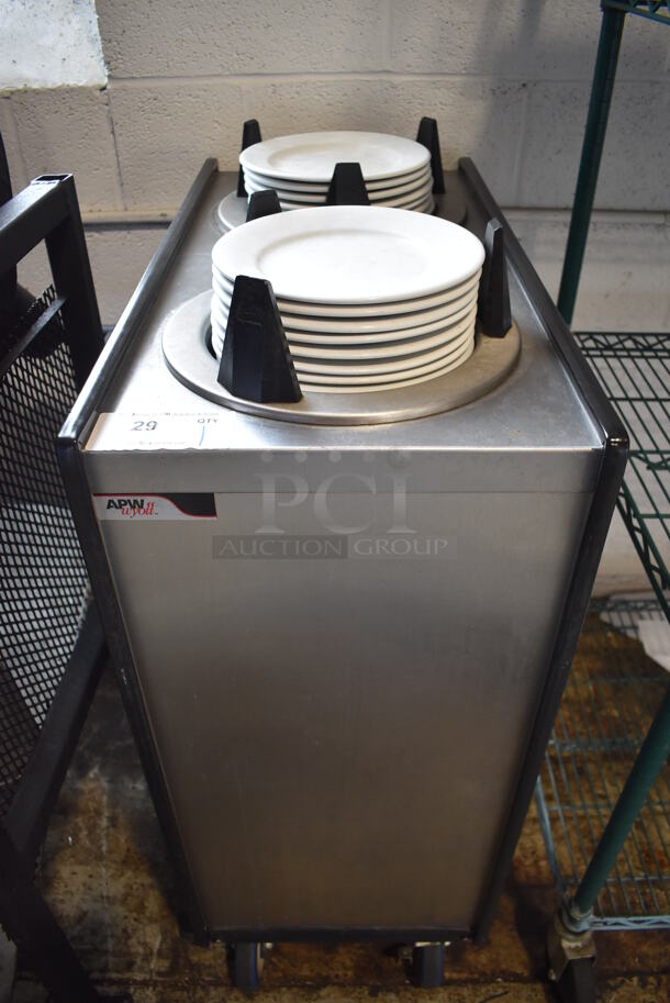 APW Wyott ML2-9-5P Stainless Steel Commercial 2 Well Plate Dispenser w/ Plates on Commercial Casters. 15.5x31x41