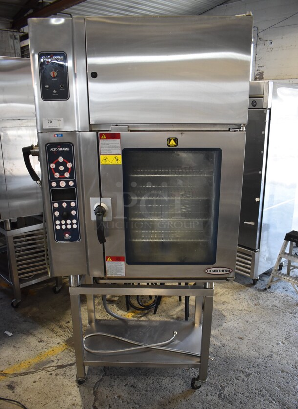 2013 Alto Shaam 10.10 ESVH Stainless Steel Commercial Electric Powered Combi Convection Oven w/ Ventless Hood and Equipment Stand on Commercial Casters. 208-240 Volts, 3 Phase.