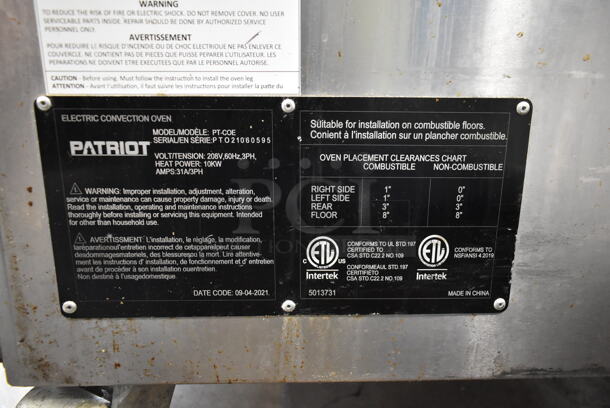 2 Patriot PT-COE Stainless Steel Commercial Electric Powered Full Size Convection Ovens w/ View Through Doors, Metal Oven Racks and Thermostatic Controls on Commercial Casters. 208 Volts, 3 Phase. 2 Times Your Bid! - Image 9 of 9