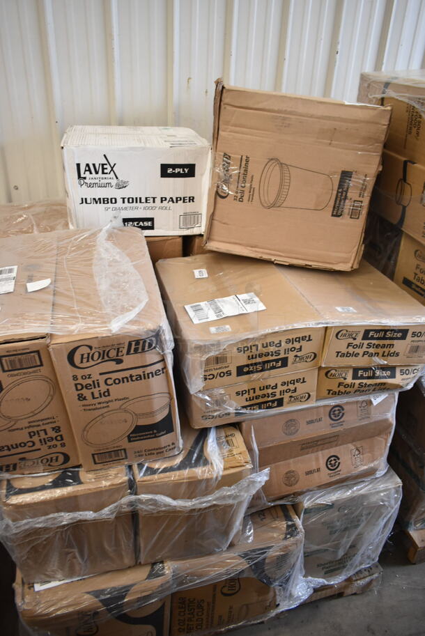 PALLET LOT of 20 BRAND NEW Boxes Including 2 Box 128HD8COMBO ChoiceHD 8 oz. Microwavable Translucent Plastic Deli Container and Lid Combo Pack - 240/Case, 500CC12 Choice Clear PET Customizable Plastic Cold Cup - 12 oz. - 1000/Case, 5002TPJPR1K Lavex Premium 2-Ply Jumbo 1000' Toilet Paper Roll with 9" Diameter - 12/Case, 4 Box 612FFL1230 Choice Foil Steam Table Pan Lid - Full Size - 50/Case, 500LFLAT Choice Clear Flat Lid with Straw Slot - 9, 12, 16, 20, and 24 oz. - 1000/Case, 2 Box Choice 20 lb Shorty Heavy Duty SOS Bag. 20 Times Your Bid!  - Image 1 of 12