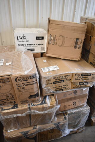 PALLET LOT of 20 BRAND NEW Boxes Including 2 Box 128HD8COMBO ChoiceHD 8 oz. Microwavable Translucent Plastic Deli Container and Lid Combo Pack - 240/Case, 500CC12 Choice Clear PET Customizable Plastic Cold Cup - 12 oz. - 1000/Case, 5002TPJPR1K Lavex Premium 2-Ply Jumbo 1000' Toilet Paper Roll with 9" Diameter - 12/Case, 4 Box 612FFL1230 Choice Foil Steam Table Pan Lid - Full Size - 50/Case, 500LFLAT Choice Clear Flat Lid with Straw Slot - 9, 12, 16, 20, and 24 oz. - 1000/Case, 2 Box Choice 20 lb Shorty Heavy Duty SOS Bag. 20 Times Your Bid! 