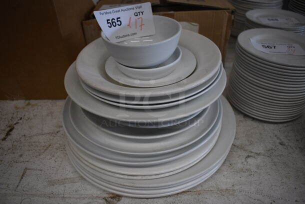 ALL ONE MONEY! Lot of 17 Various White Ceramic Dishes; 2 Bowls and 15 Plates.