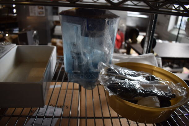 ALL ONE MONEY! Lot of Chrome Finish 5 Tier Shelving Unit on Commercial Casters w/ Contents Including Poly Beverage Tumblers, Coffee Urns, Mesh Baskets, Bus Bins, Utensils and Ceramic Mugs. BUYER MUST DISMANTLE. PCI CANNOT DISMANTLE FOR SHIPPING. PLEASE CONSIDER FREIGHT CHARGES. 48x18x75 - Image 12 of 12