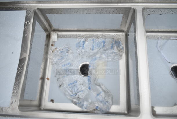 BRAND NEW SCRATCH AND DENT! Regency 600S22323224 96" 16 Gauge Stainless Steel Two Compartment Sink with Galvanized Steel Legs and 2 Drainboards - 23" x 23" x 12" Bowls. No Legs.  - Image 7 of 9