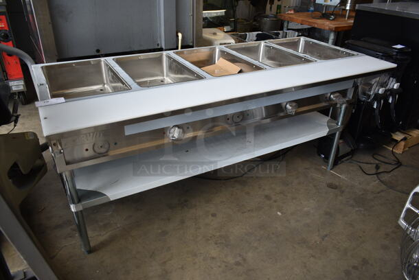 BRAND NEW SCRATCH AND DENT! 2023 ServIt 423EST5WS Stainless Steel Commercial Floor Style Electric Powered Steam Table w/ Cutting Board and Under Shelf. 208/240 Volts, 1 Phase. - Image 1 of 8