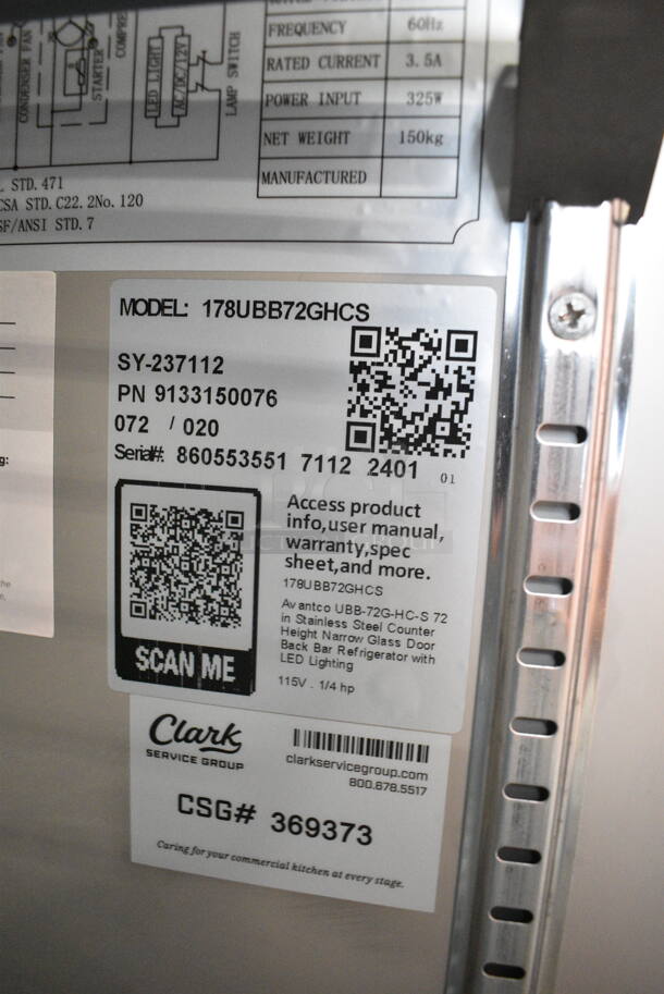 BRAND NEW SCRATCH AND DENT! 2024 Avantco 178UBB72GHCS 73" Stainless Steel Counter Height Narrow Glass Door Back Bar Refrigerator with LED Lighting. 115 Volts, 1 Phase. Tested and Powers On But Does Not Get Cold - Image 6 of 6