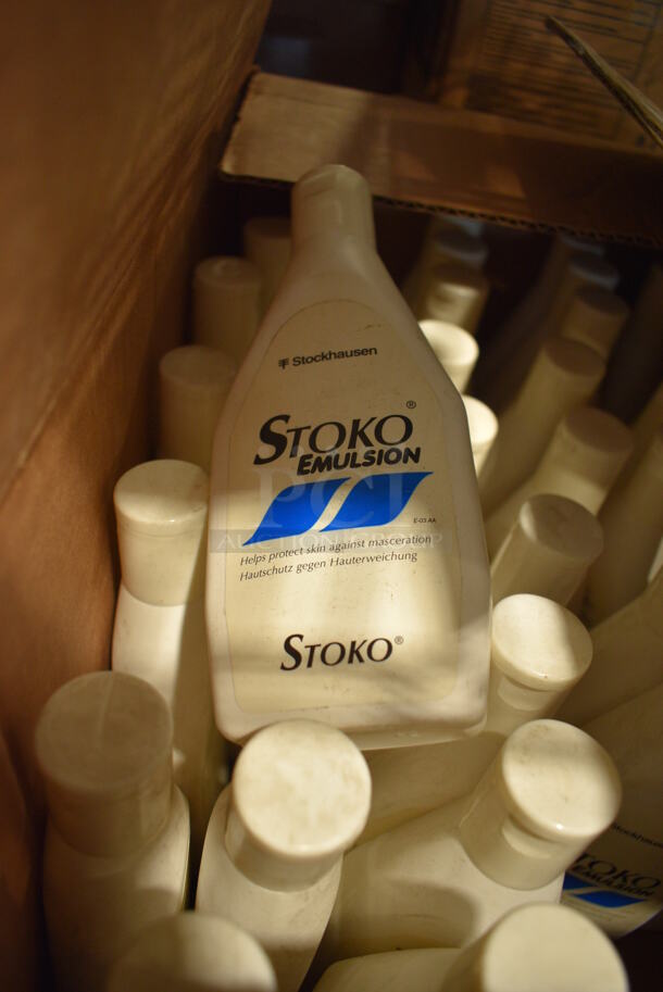 ALL ONE MONEY! Box of 34 Stoko Emulsion Skin Protectant Bottles. 3x1.5x7.5