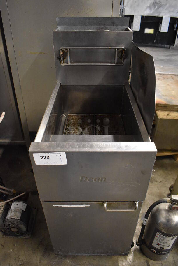 2011 Dean SR42GN Stainless Steel Commercial Floor Style Natural Gas Powered Deep Fat Fryer w/ Side Splash Guard on Commercial Casters. 105,000 BTU. 16x30x46
