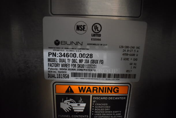 2017 Bunn DUAL TF DBC Stainless Steel Commercial Countertop Coffee Machine w/ Hot Water Dispenser and 2 Metal Beverage Holders. 120/208-240 Volts, 1 Phase. 22x26x36 - Image 4 of 6