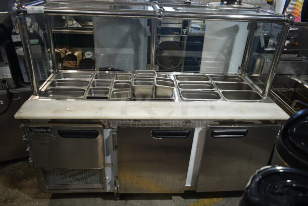 2014 Leader LM72 S/C Stainless Steel Commercial Prep Table w/ 21 Stainless Steel Drop In Bins and Sneeze Guard on Commercial Casters. 115 Volts, 1 Phase.  Tested and Does Not Power On - Image 1 of 9