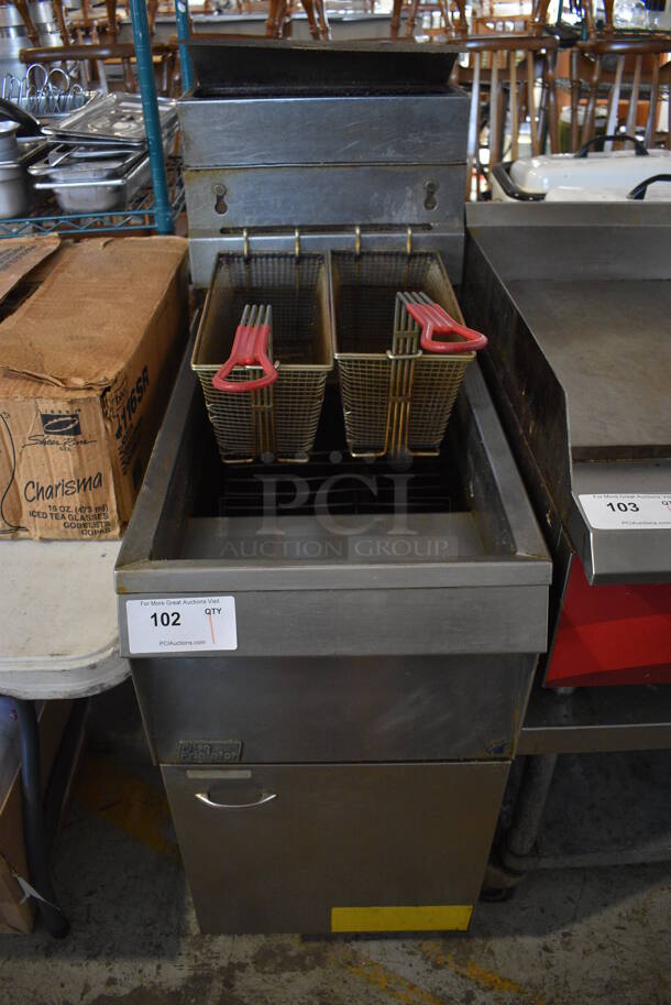 Pitco Frialator 14 Stainless Steel Commercial Floor Style Natural Gas Powered Deep Fat Fryer w/ 2 Metal Fry Baskets on Commercial Casters. 110,000 BTU. 15.5x30x50 - Image 1 of 8