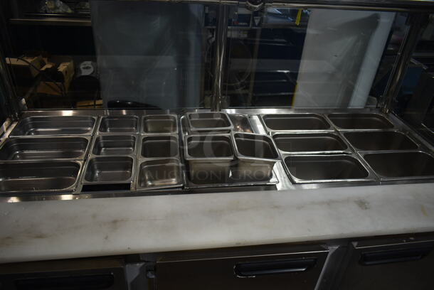 2014 Leader LM72 S/C Stainless Steel Commercial Prep Table w/ 21 Stainless Steel Drop In Bins and Sneeze Guard on Commercial Casters. 115 Volts, 1 Phase.  Tested and Does Not Power On - Image 3 of 9