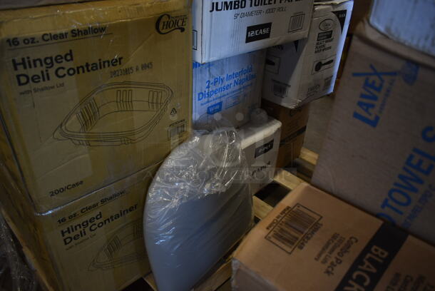PALLET LOT of 30 BRAND NEW! Boxes Including 760IC16Y Choice 16 oz. Yellow Paper Frozen Yogurt / Soup / Food Cup - 1000/Case, 2 Box 433CARRIER4 Pulp Fiber 4 Cup Carrier - 300/Case, 4 Box 127CH16S Choice 16 oz. Clear RPET Shallow Hinged Deli Container - 200/Case, 500LFLAT Choice Clear Flat Lid with Straw Slot - 9, 12, 16, 20, and 24 oz. - 1000/Case, 129MCS28B Choice 28 oz. Black Rectangular Microwavable Heavy Weight Container with Lid 8 3/4" x 6 1/4" x 1 3/4" - 150/Case, Lavex Jumbo Toilet Paper, 2 Box 130HBKCUTSSW  Visions Individually Wrapped Black Heavy Weight Plastic Soup Spoon - 1000/Case, 600DBPR Regency 20" x 20" x 2 1/4" 18-Gauge Stainless Steel Scrap / Pre-Rinse Basket with Stainless Steel Slides, 4856237063FISH StrawFish 5 3/4" Black Unwrapped Jumbo Cocktail Straw - 5000/Case, 128HD16BULK ChoiceHD 16 oz. Microwavable Translucent Plastic Deli Container - 480/Case,  128HD32COMBO Choice 32 oz. microwavable translucent plastic deli, 129MCS28B Choice Black Rectangular Microwavable Heavy Weight Container. 30 Times Your Bid! - Image 6 of 9