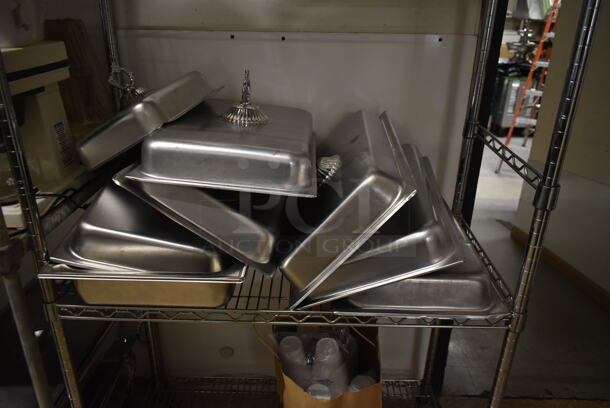 Chrome Finish 3 Tier Wire Shelving Unit w/ Contents Including Chafing Dishes. BUYER MUST REMOVE: BUYER MUST DISMANTLE. PCI CANNOT DISMANTLE FOR SHIPPING. PLEASE CONSIDER FREIGHT CHARGES. (hallway) - Image 3 of 4