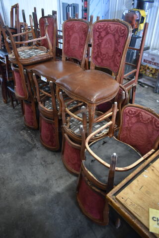 12 Wooden Dining Height Chairs w/ Red Back and Brown Seat Cushions. 12 Times Your Bid!