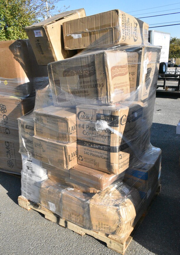 30 BRAND NEW Boxes Including 5004C Choice 4 oz. Coffee Print Poly Paper Hot Cup - 1000/Case, 346BKFSNSPM Choice Medium Weight Black Wrapped Plastic Cutlery Set with Napkin and Salt and Pepper Packets - 250/Case, 3 Box 130IC20DSP1M Choice 20 lb. Clear Plastic Drawstring Ice Bag with Ice Print - 250/Case, 2 Box 5001RT800B Lavex 8" White Hardwound Paper Towel, 800 Feet / Roll - 6/Case, 2 Box 500CC32PHD Choice Heavy Duty 32 oz. Pedestal Heavy Weight Clear PET Plastic Cold Cup - 500/Case, 795PTOKFTW4 Choice Kraft Folded Paper #4 Take-Out Container with Window 7 3/4" x 5 1/2" x 3 1/2" - 140/Case, 5001RT800N Lavex 8" Natural Kraft Hardwound Paper Towel, 800 Feet / Roll - 6/Case, 485STRAWUNN Choice 7 3/4" Jumbo Neon Unwrapped Soda Straw - 10000/Case. 30 Times Your Bid!  - Image 1 of 12