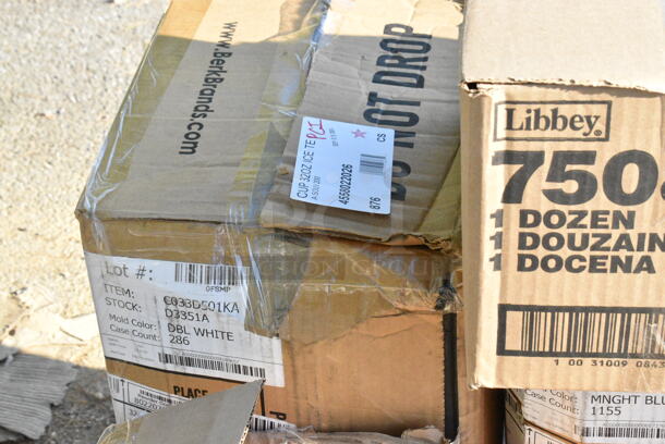 9 BRAND NEW Boxes Including 164TB2222 Lancaster Table & Seating 22" x 22" Cross Cast Iron Table Base Plate, 808B1449ACD Superlevel Self Adjusting Table Foot - 4/Pack, 407KRPLAS13 Choice 13-Slot Plastic Wall Mount Knife Rack, 2 Box Libbey 7508 Vina 12.75 oz. Customizable Tall Wine Glass - 12/Case, 117321310 AllPoints 32-1310 5' x 1/2" ID Fryer Oil Filter Hose, 4558022026 32 oz. Tall Plastic Iced Tea Design Souvenir Cup with Straw and Lid - 200/Case. 9 Times Your Bid!  - Image 8 of 11