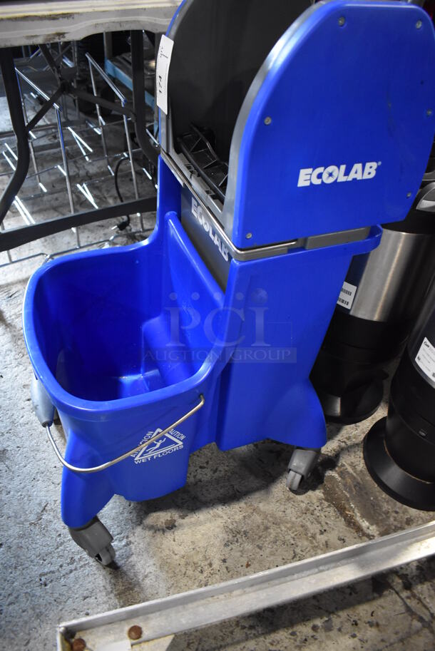 Ecolab Blue and Gray Poly Mop Bucket w/ Wringing Attachment on Commercial Casters. 16x21x39 - Image 4 of 4