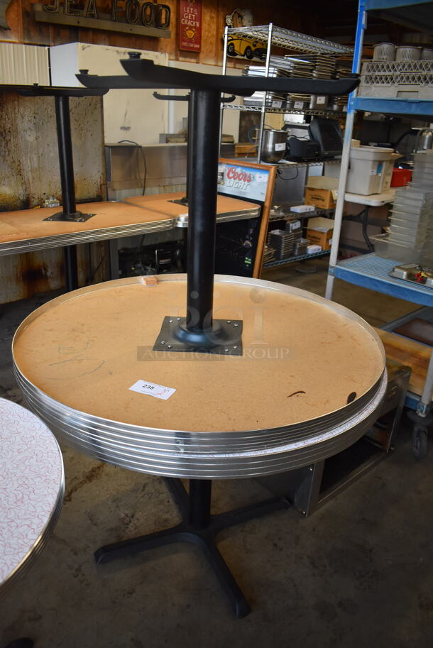 2 White Round Dining Height Tables w/ Red and Gray Pattern on Black Metal Base. 41x41x30. 2 Times Your Bid! - Image 3 of 3