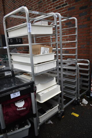 Channel Metal Commercial Pan Transport Rack w/ Contents Including 6 White Poly Dough Bins on Commercial Casters.